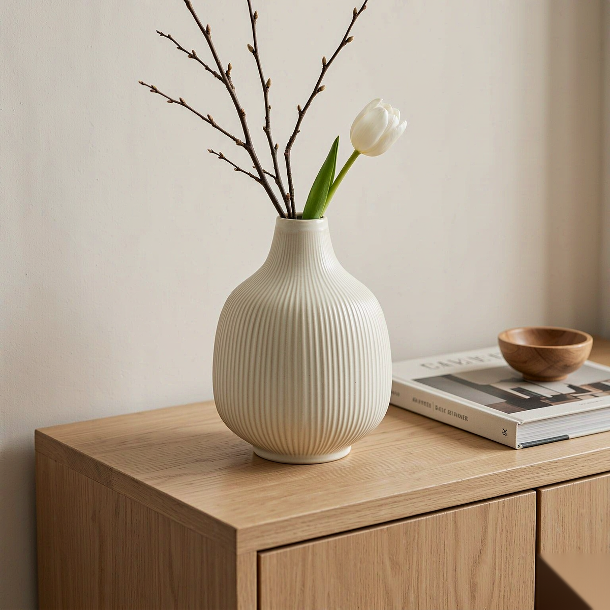 Ora Stoneware Vase — Ribbed Cream (22 cm)